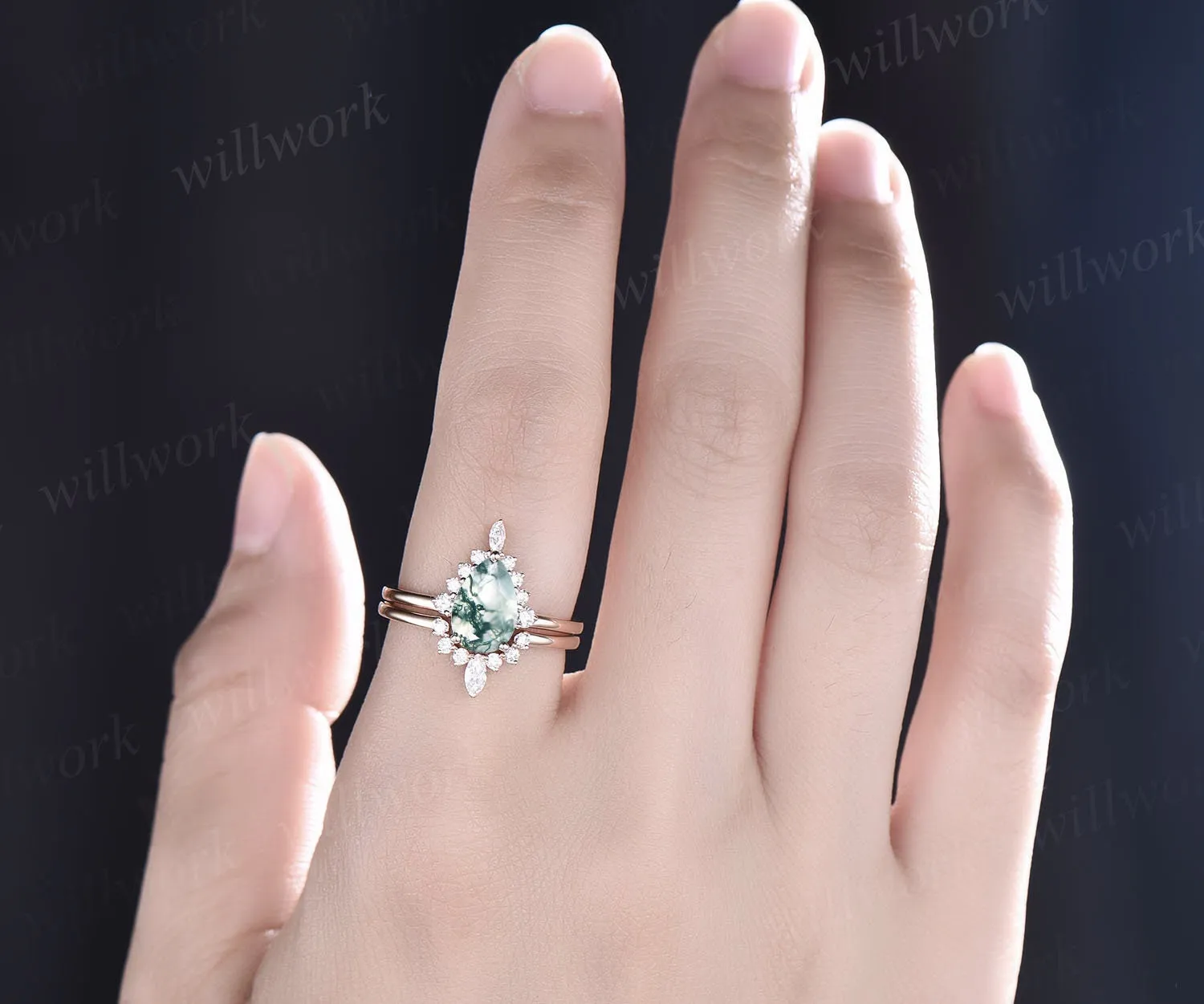 Unique wedding ring set vintage Pear shaped green moss agate engagement ring set rose gold art deco ring halo marquise cut moissanite ring sold by Willwork Jewelry product image thumbnail 2
