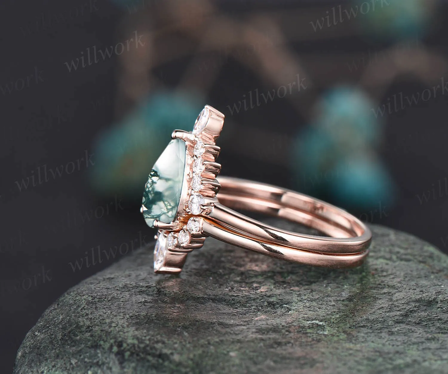 Unique wedding ring set vintage Pear shaped green moss agate engagement ring set rose gold art deco ring halo marquise cut moissanite ring sold by Willwork Jewelry product image thumbnail 4