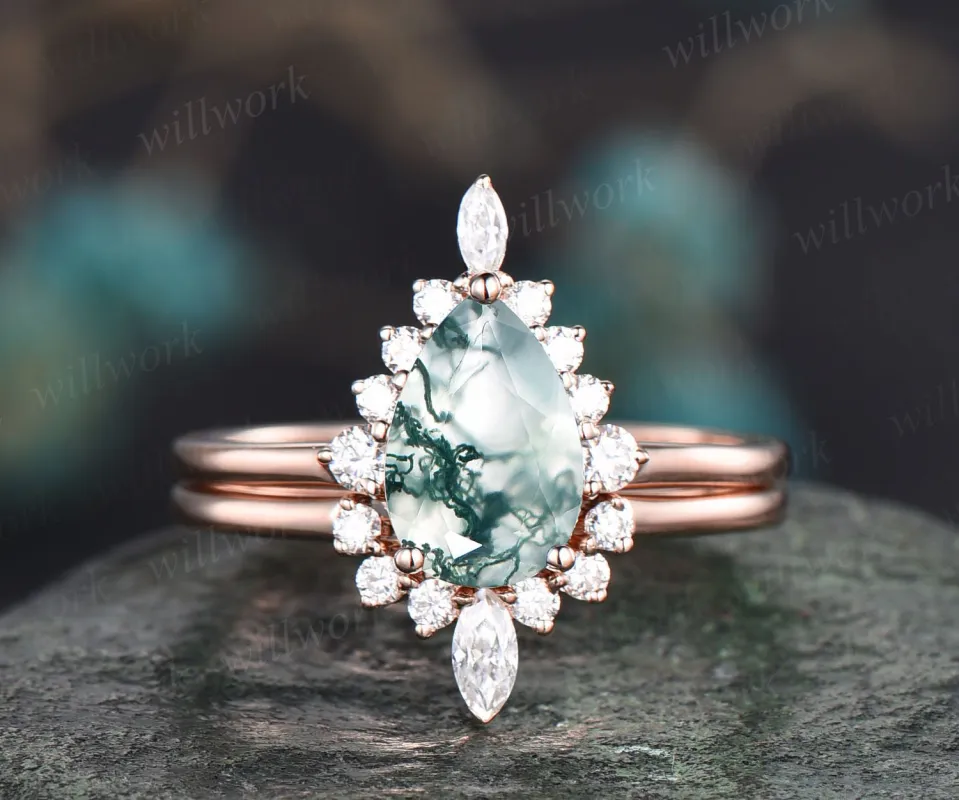 Unique wedding ring set vintage Pear shaped green moss agate engagement ring set rose gold art deco ring halo marquise cut moissanite ring sold by Willwork Jewelry