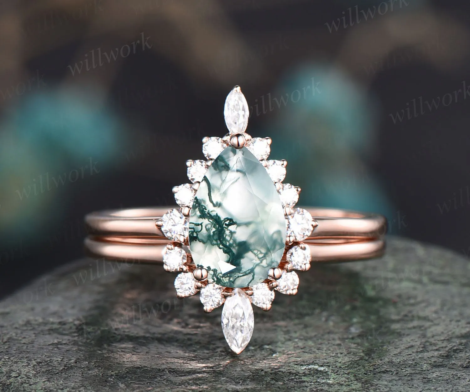 Unique wedding ring set vintage Pear shaped green moss agate engagement ring set rose gold art deco ring halo marquise cut moissanite ring sold by Willwork Jewelry
