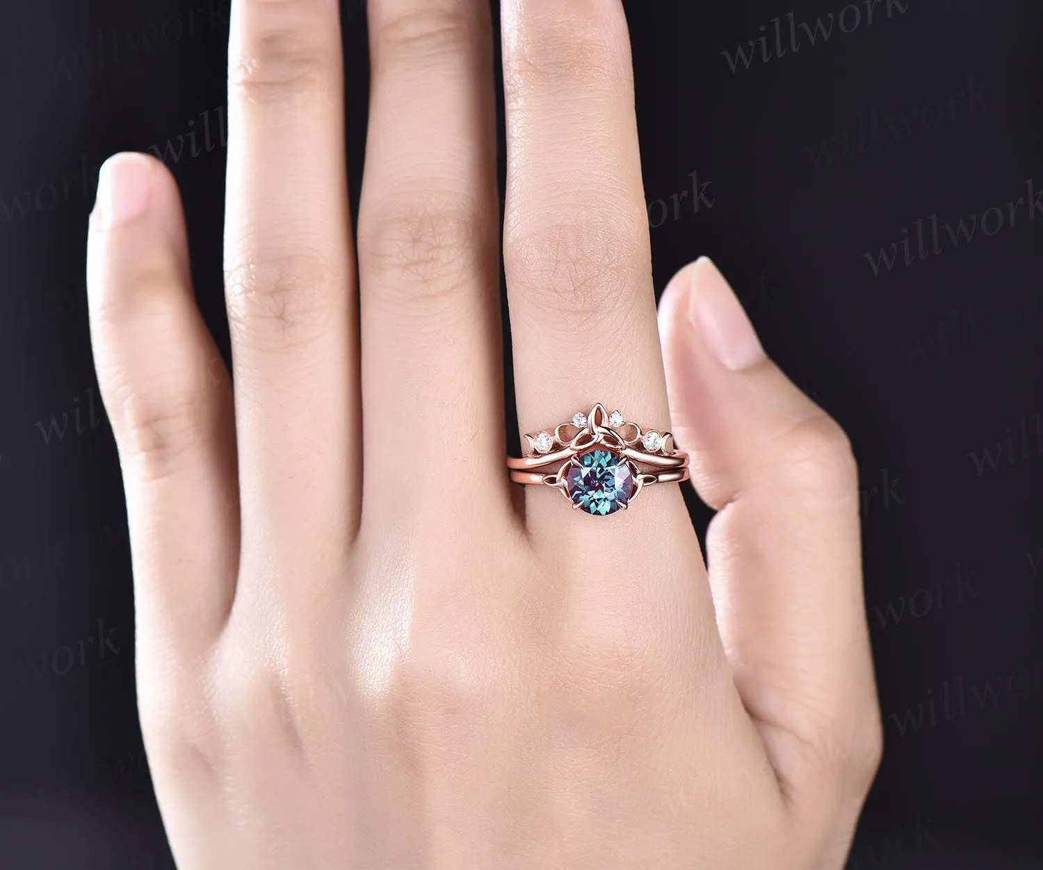 Vintage round alexandrite engagement ring set rose gold silver moissanite ring set moon Celtic Knot ring set Norse Viking ring band jewelry sold by Willwork Jewelry product image thumbnail 2