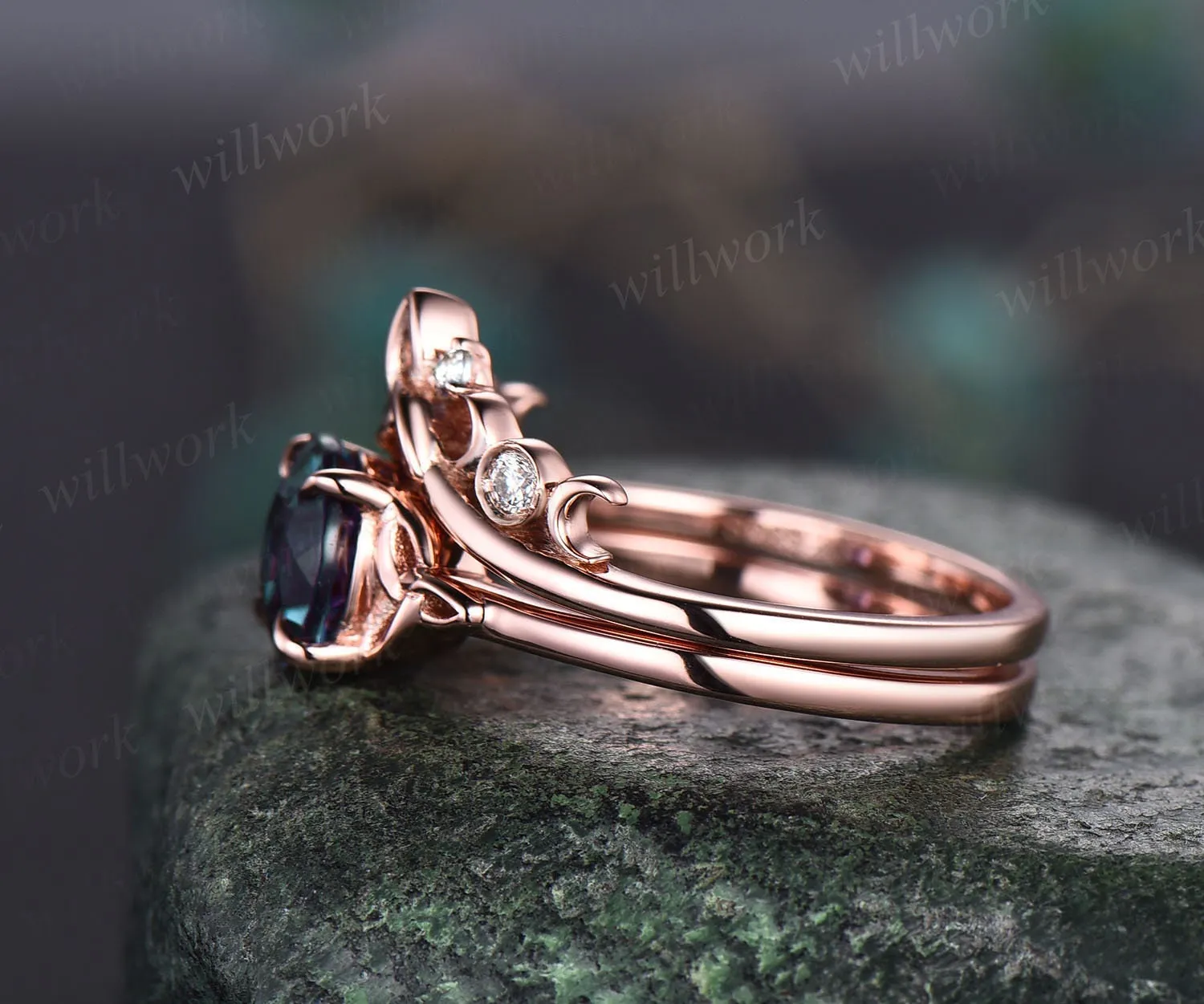 Vintage round alexandrite engagement ring set rose gold silver moissanite ring set moon Celtic Knot ring set Norse Viking ring band jewelry sold by Willwork Jewelry product image thumbnail 4