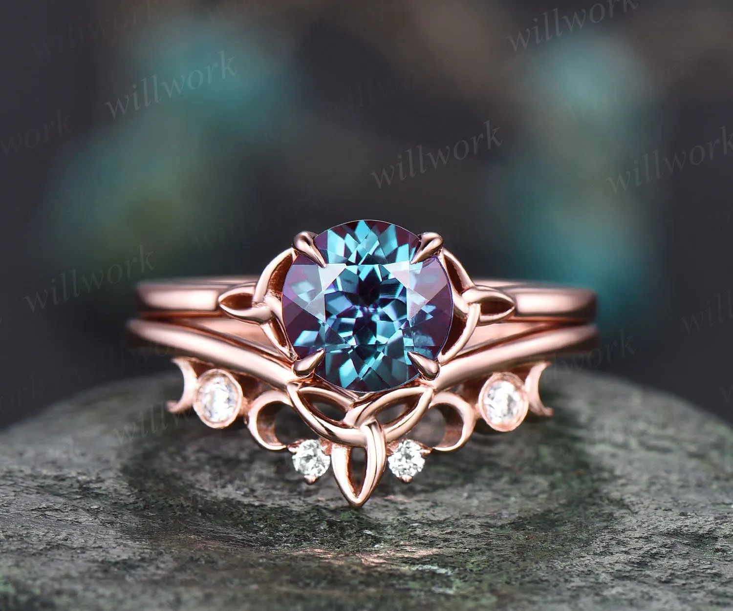 Vintage round alexandrite engagement ring set rose gold silver moissanite ring set moon Celtic Knot ring set Norse Viking ring band jewelry sold by Willwork Jewelry product image thumbnail 3