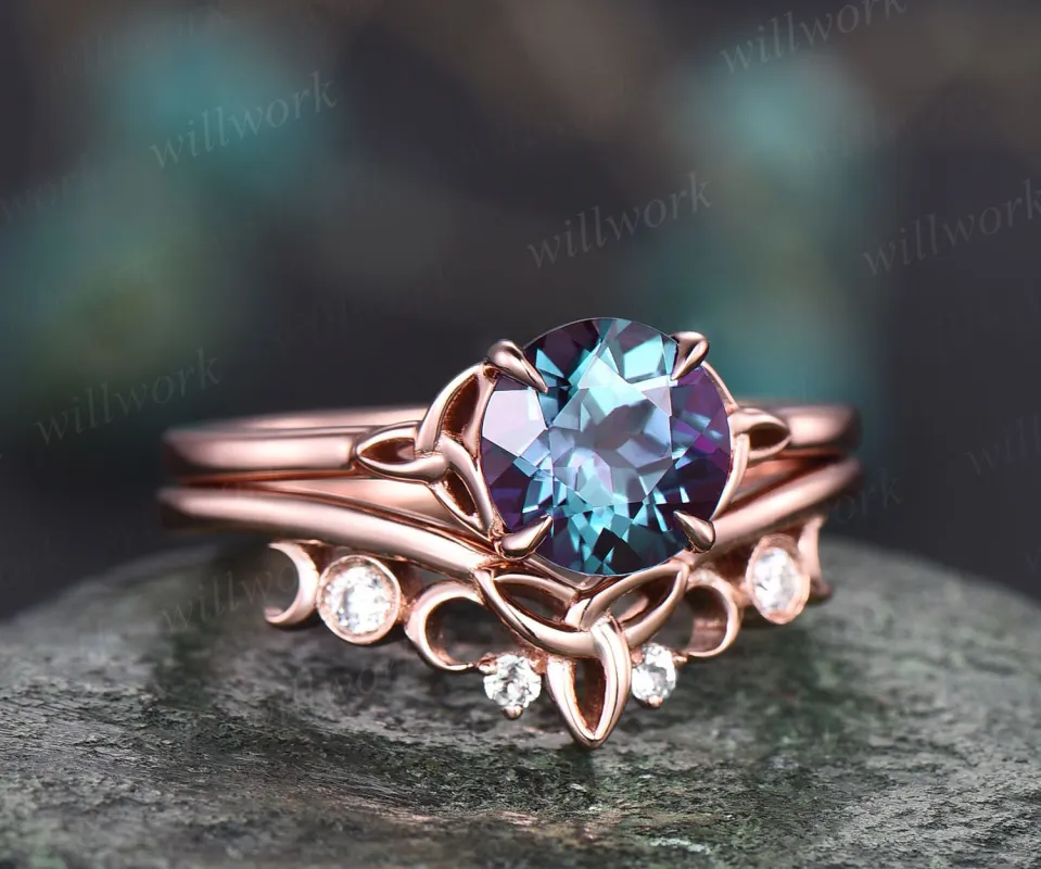 Vintage round alexandrite engagement ring set rose gold silver moissanite ring set moon Celtic Knot ring set Norse Viking ring band jewelry sold by Willwork Jewelry