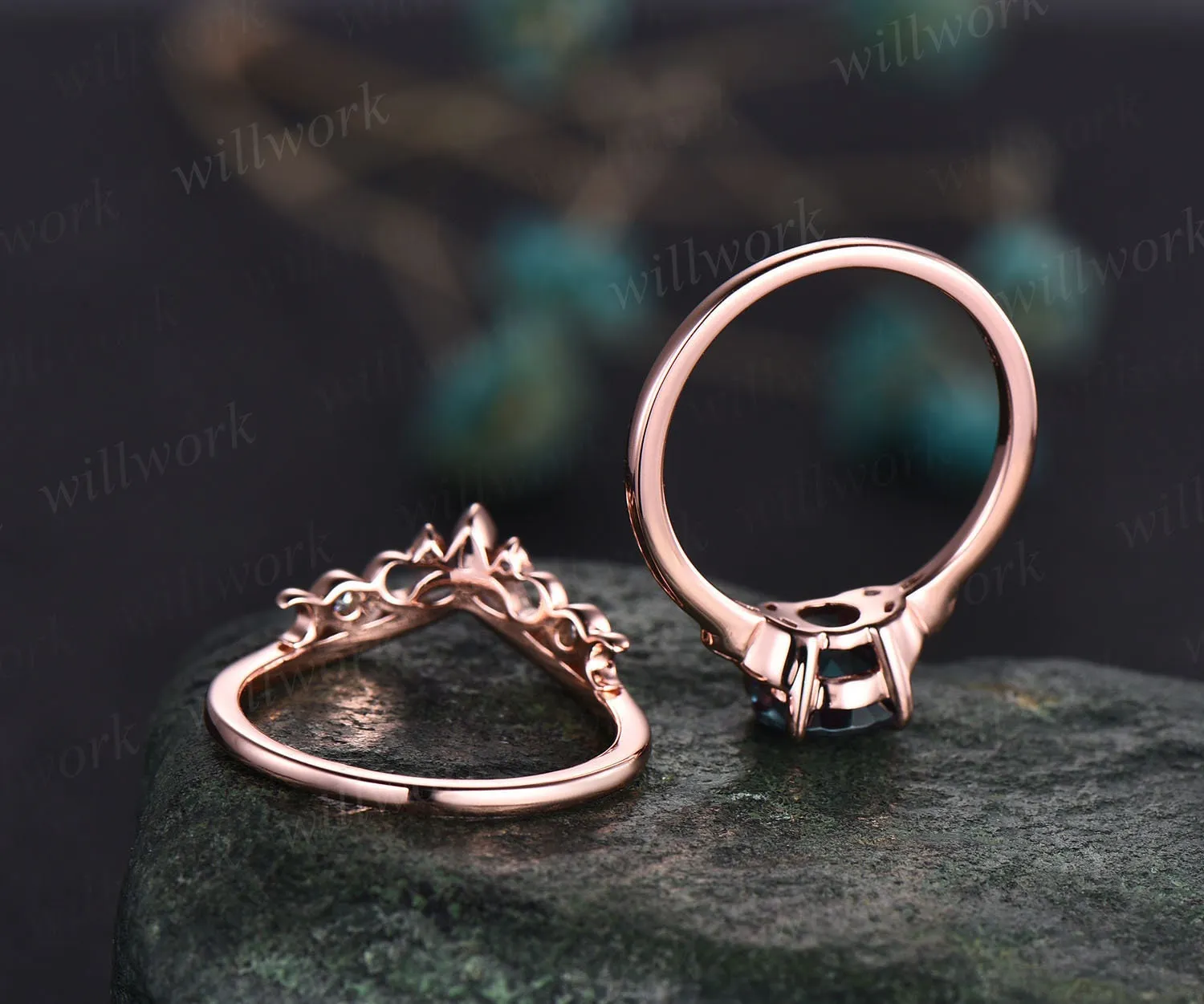 Vintage round alexandrite engagement ring set rose gold silver moissanite ring set moon Celtic Knot ring set Norse Viking ring band jewelry sold by Willwork Jewelry product image thumbnail 5