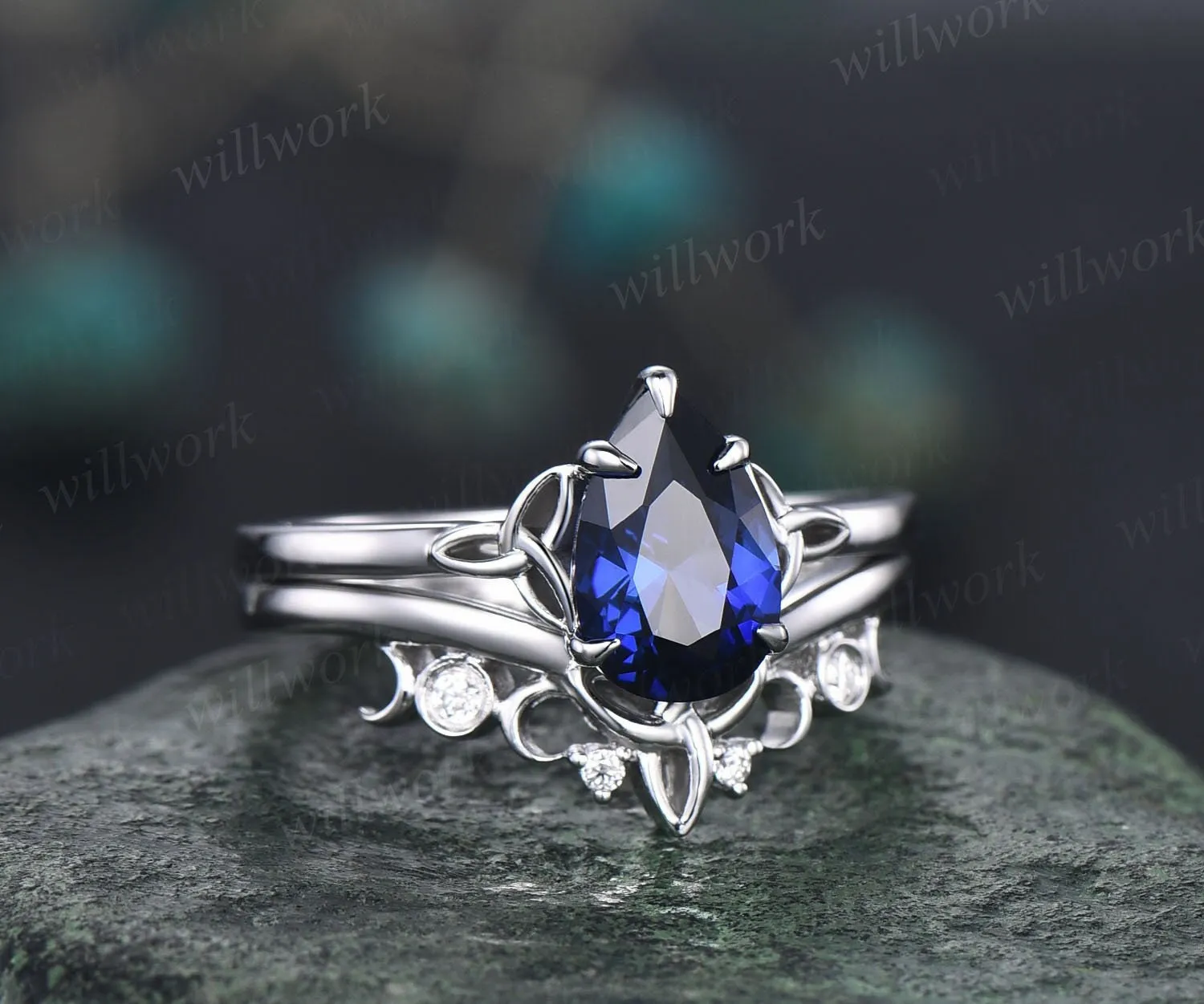 Pear shaped sapphire engagement ring set white gold solitaire unique vintage engagement ring moissanite ring women norse viking ring jewelry sold by Willwork Jewelry