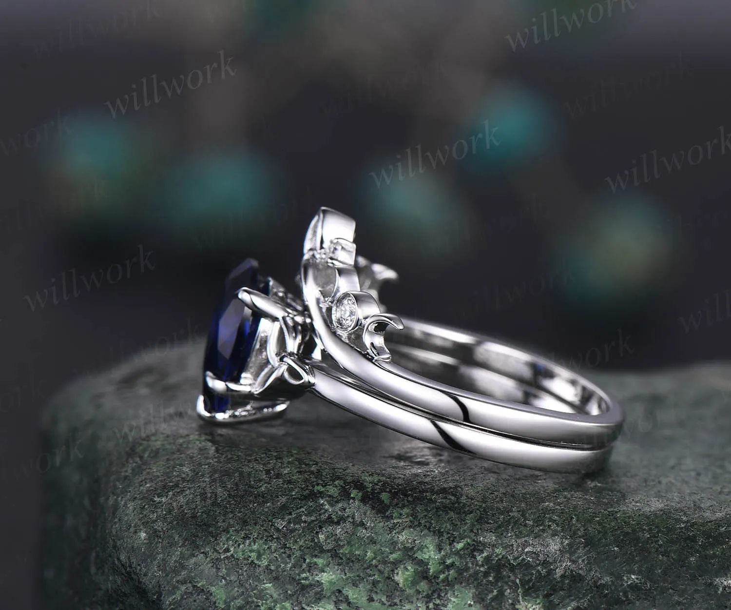 Pear shaped sapphire engagement ring set white gold solitaire unique vintage engagement ring moissanite ring women norse viking ring jewelry sold by Willwork Jewelry product image thumbnail 4