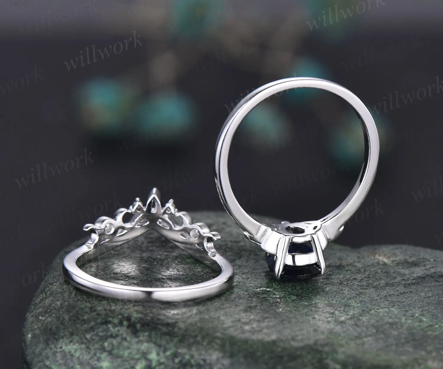 Pear shaped sapphire engagement ring set white gold solitaire unique vintage engagement ring moissanite ring women norse viking ring jewelry sold by Willwork Jewelry product image thumbnail 5