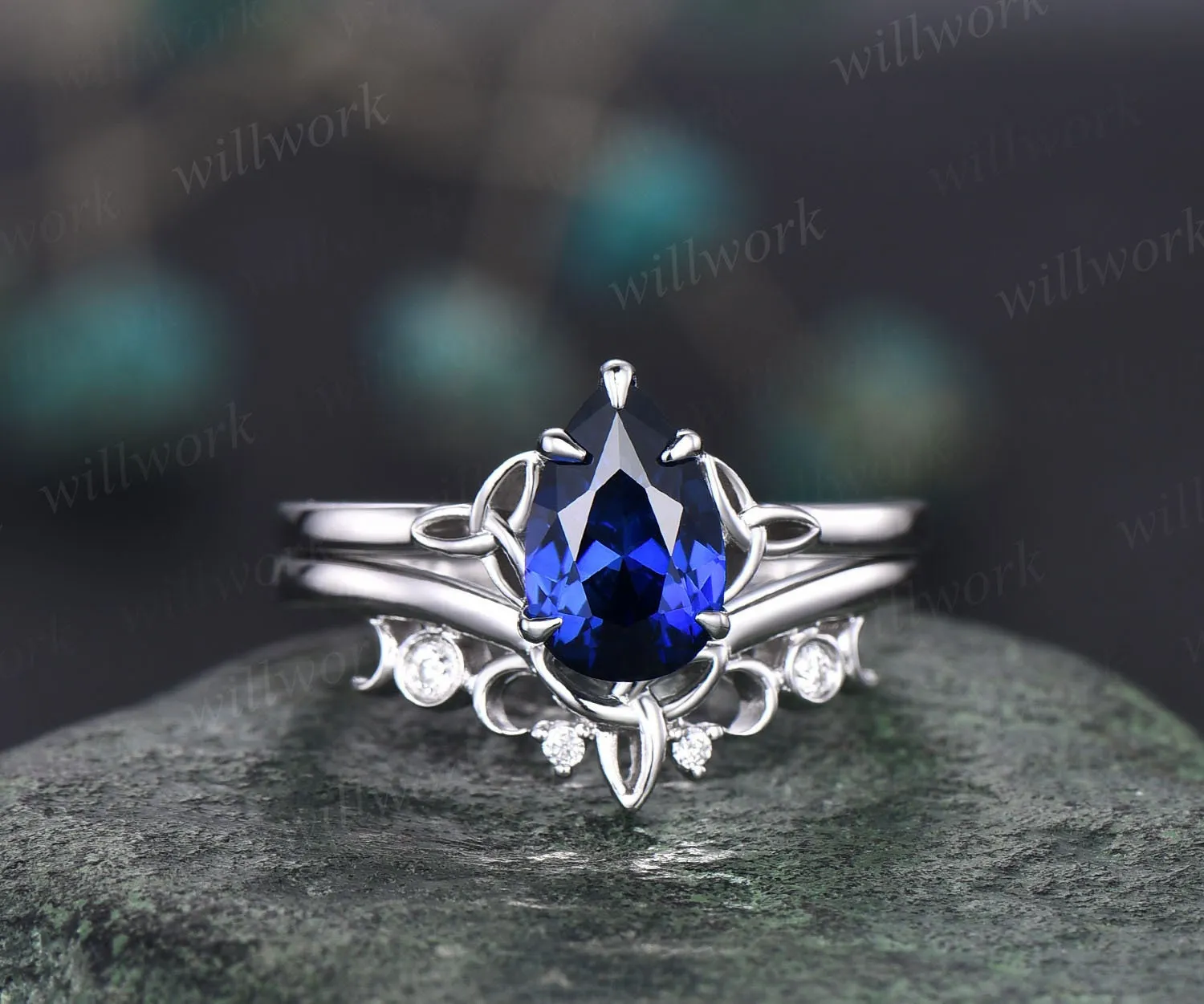 Pear shaped sapphire engagement ring set white gold solitaire unique vintage engagement ring moissanite ring women norse viking ring jewelry sold by Willwork Jewelry product image thumbnail 2