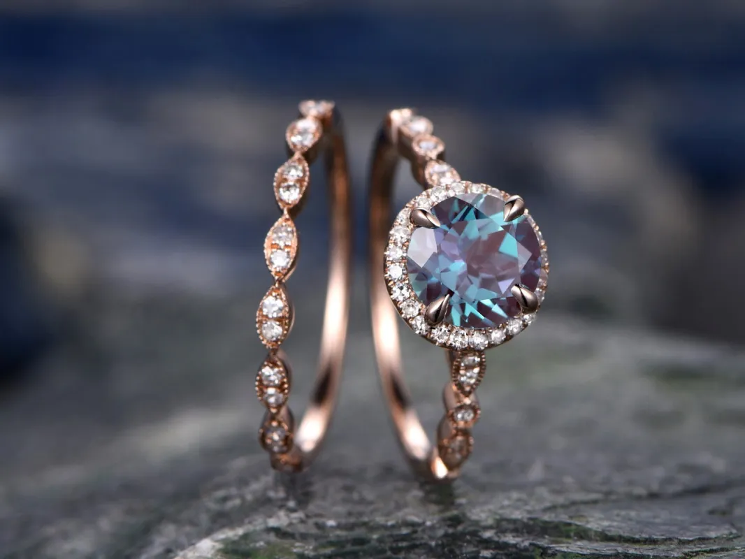 Unique round alexandrite engagement ring set art deco vintage halo milgrain diamond ring for women 14k rose gold anniversary bridal ring set sold by Willwork Jewelry