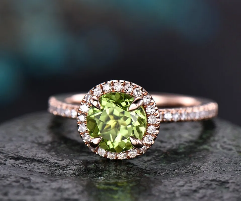 Green natural Peridot engagement ring-Solid 14k Rose gold-handmade Diamond Bridal ring-Stacking band-Round  promise ring diamond halo ring sold by Willwork Jewelry