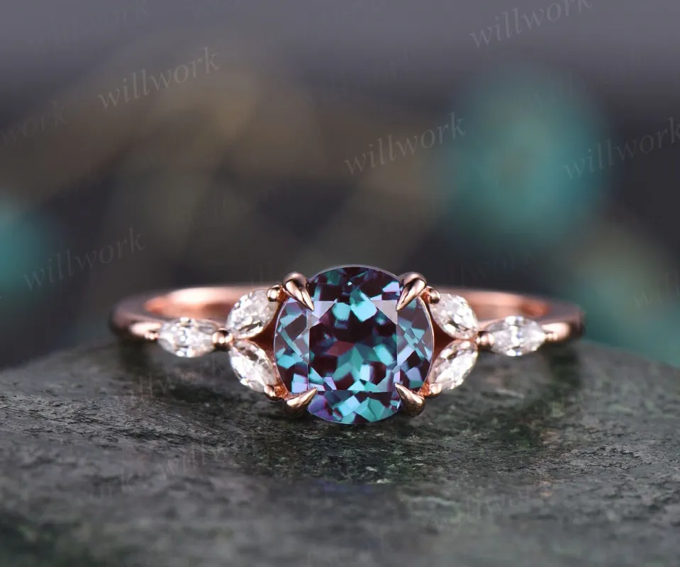 Round shaped Alexandrite engagement ring rose gold marquise moissanite ring for women June birthstone jewelry unique vintage bridal ring sold by Willwork Jewelry