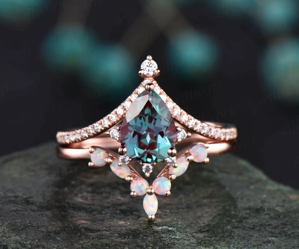 Vintage moissanite ring opal ring gold 2pcs teardrop Alexandrite engagement ring set 14k 18k rose gold birthstone custom unique jewelry gift sold by Willwork Jewelry