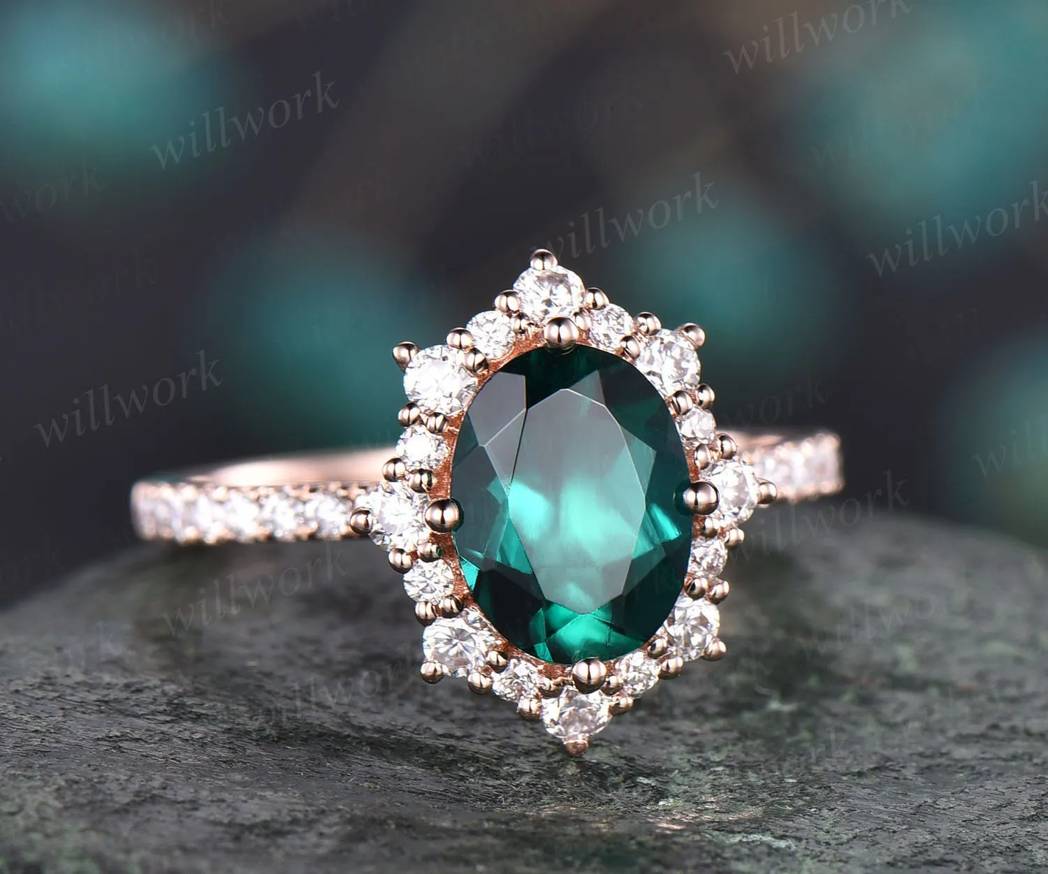 Rose gold ring vintage emerald engagement ring oval emerald rings for women May birthstone ring emerald jewelry bridal wedding promise ring sold by Willwork Jewelry product image thumbnail 3