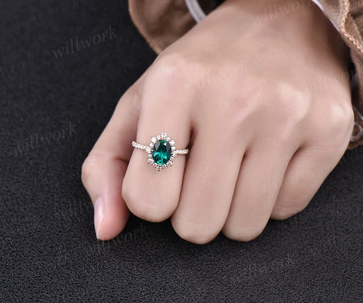 Rose gold ring vintage emerald engagement ring oval emerald rings for women May birthstone ring emerald jewelry bridal wedding promise ring sold by Willwork Jewelry product image thumbnail 2