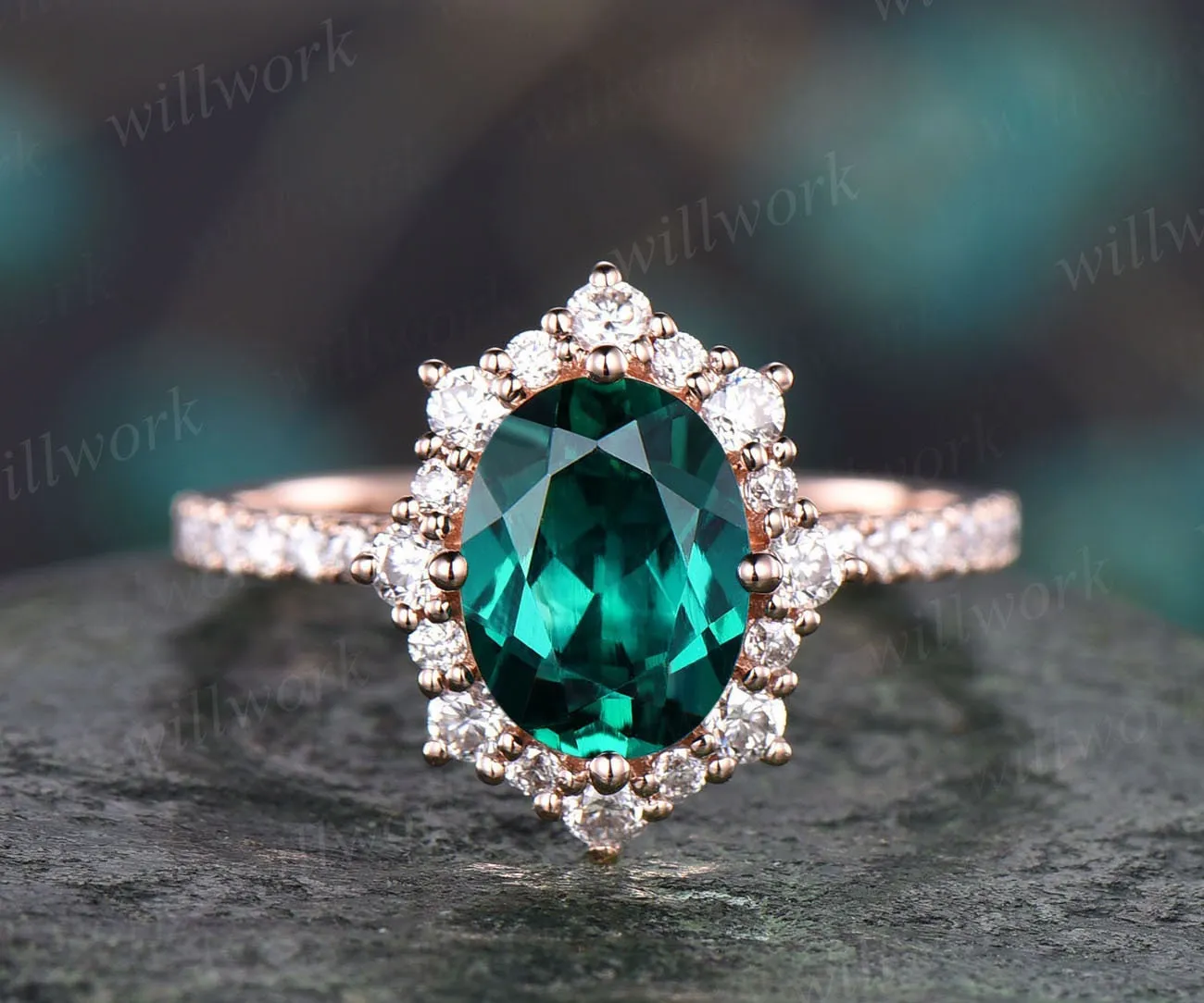 Rose gold ring vintage emerald engagement ring oval emerald rings for women May birthstone ring emerald jewelry bridal wedding promise ring sold by Willwork Jewelry
