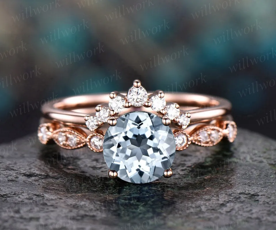 2pc aquamarine ring gold vintage aquamarine engagement ring set rose gold marquise diamond crown matching stacking wedding bridal ring set sold by Willwork Jewelry
