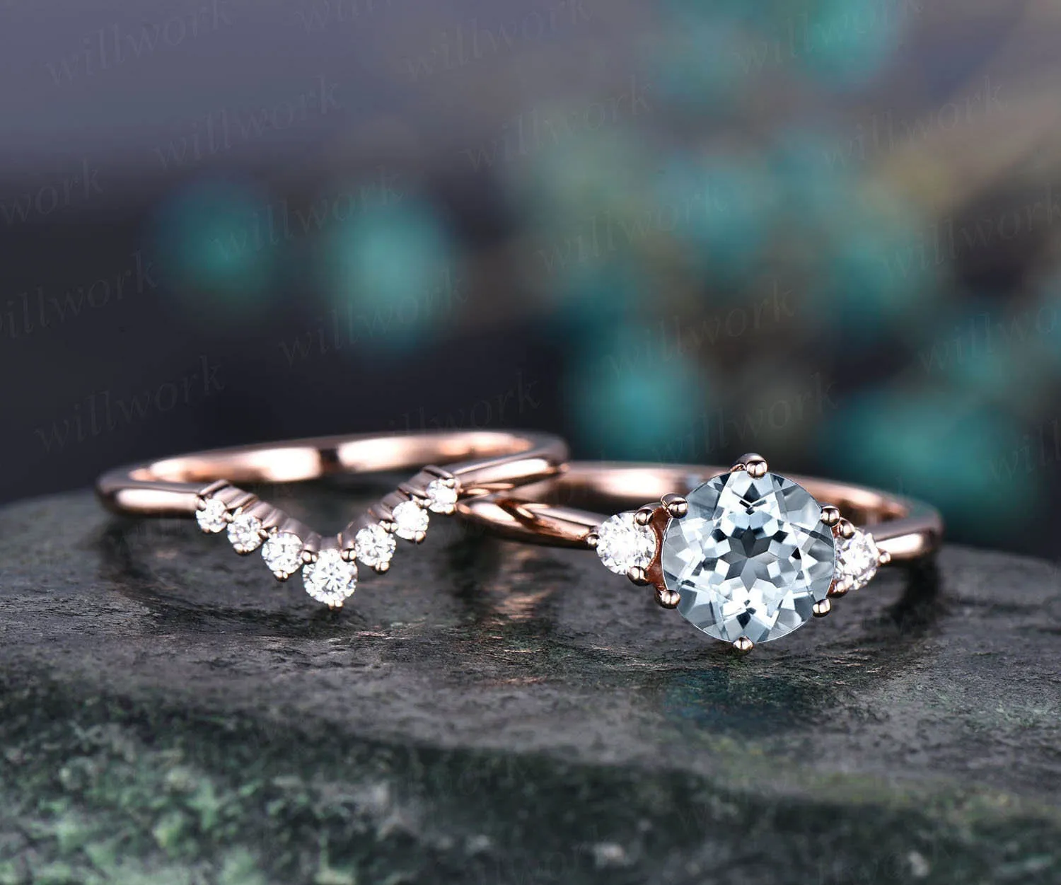 Round aquamarine ring set vintage aquamarine engagement ring set rose gold ring set moissanite ring set for women March birthstone ring gift sold by Willwork Jewelry product image thumbnail 4
