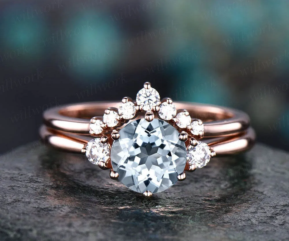 Round aquamarine ring set vintage aquamarine engagement ring set rose gold ring set moissanite ring set for women March birthstone ring gift sold by Willwork Jewelry