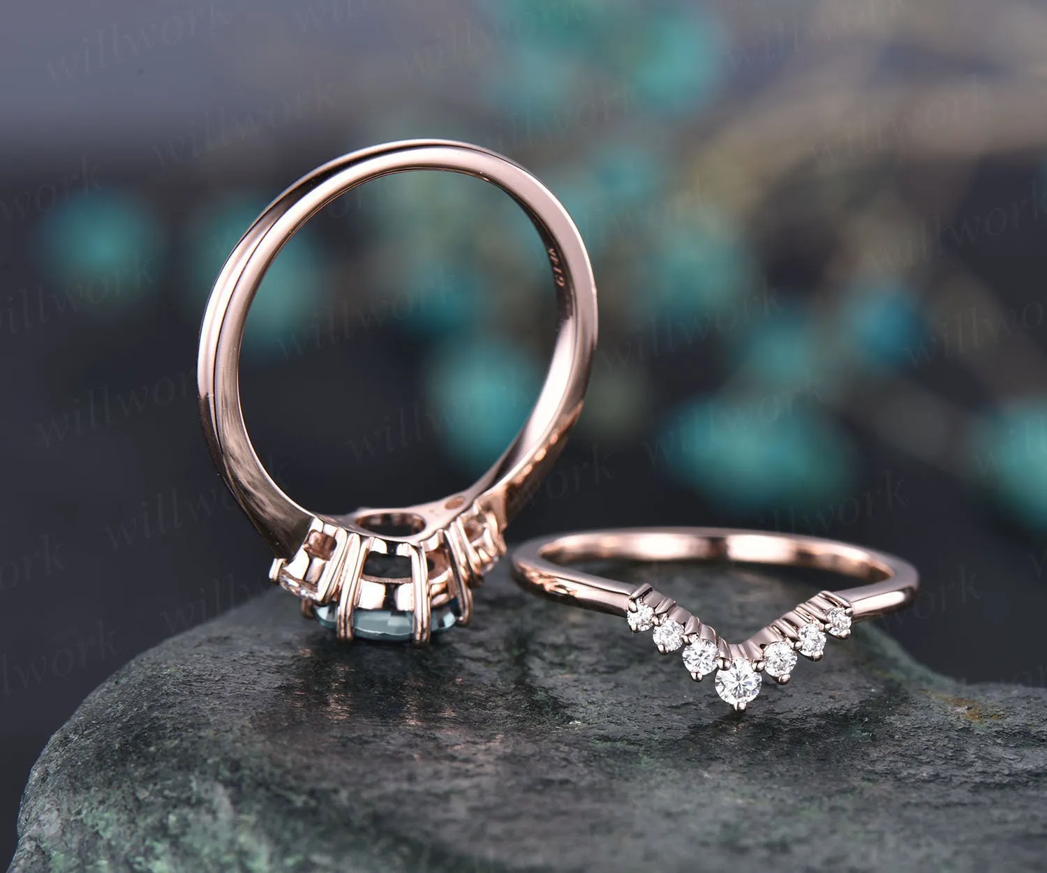 Round aquamarine ring set vintage aquamarine engagement ring set rose gold ring set moissanite ring set for women March birthstone ring gift sold by Willwork Jewelry product image thumbnail 3