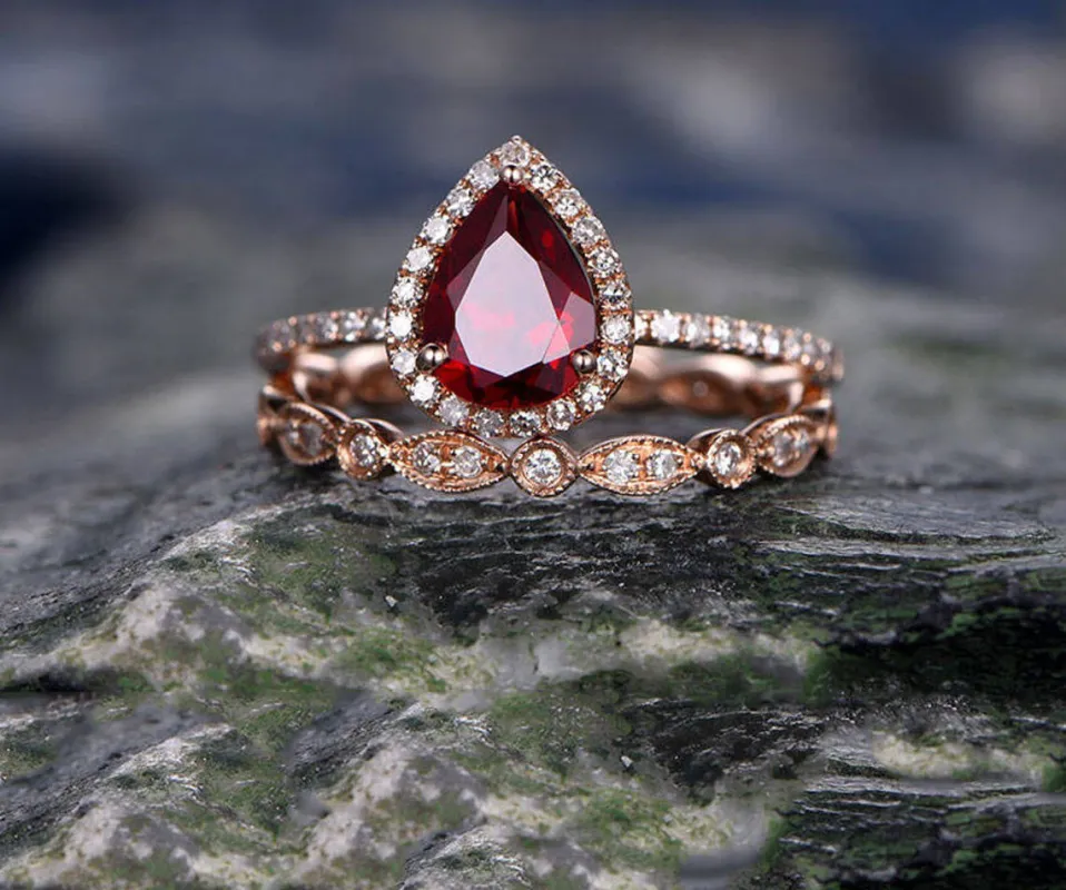 Red Garnet engagement ring-Solid 14k rose gold- Diamond Bridal ring Set-Stacking band-6x8mm Pear shaped cut gemstone promise ring for her sold by Willwork Jewelry