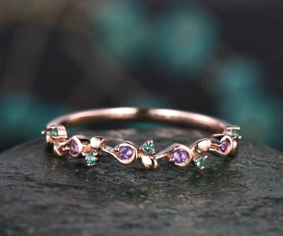 Vintage natural emerald ring emerald wedding band amethyst ring wedding band unique ring May birthstone ring graduation anniversary gift made by Willwork Jewelry