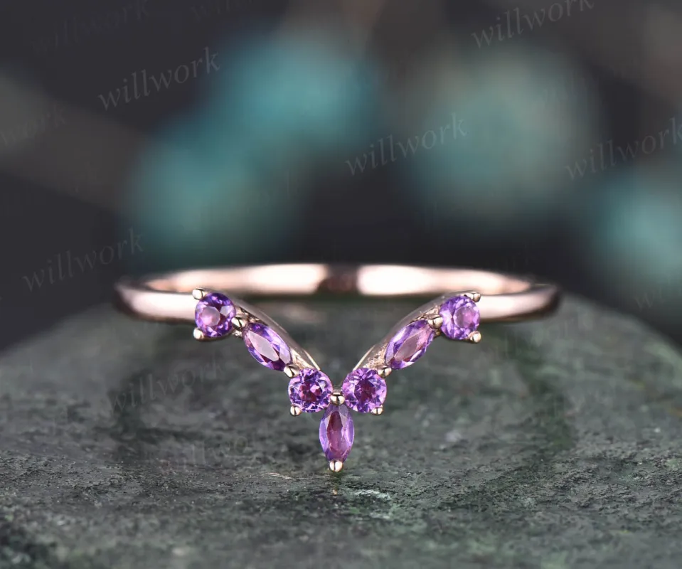 Curved V shaped wedding band marquise amethyst wedding ring unique amethyst wedding band solid 14k rose gold ring anniversary ring gift sold by Willwork Jewelry
