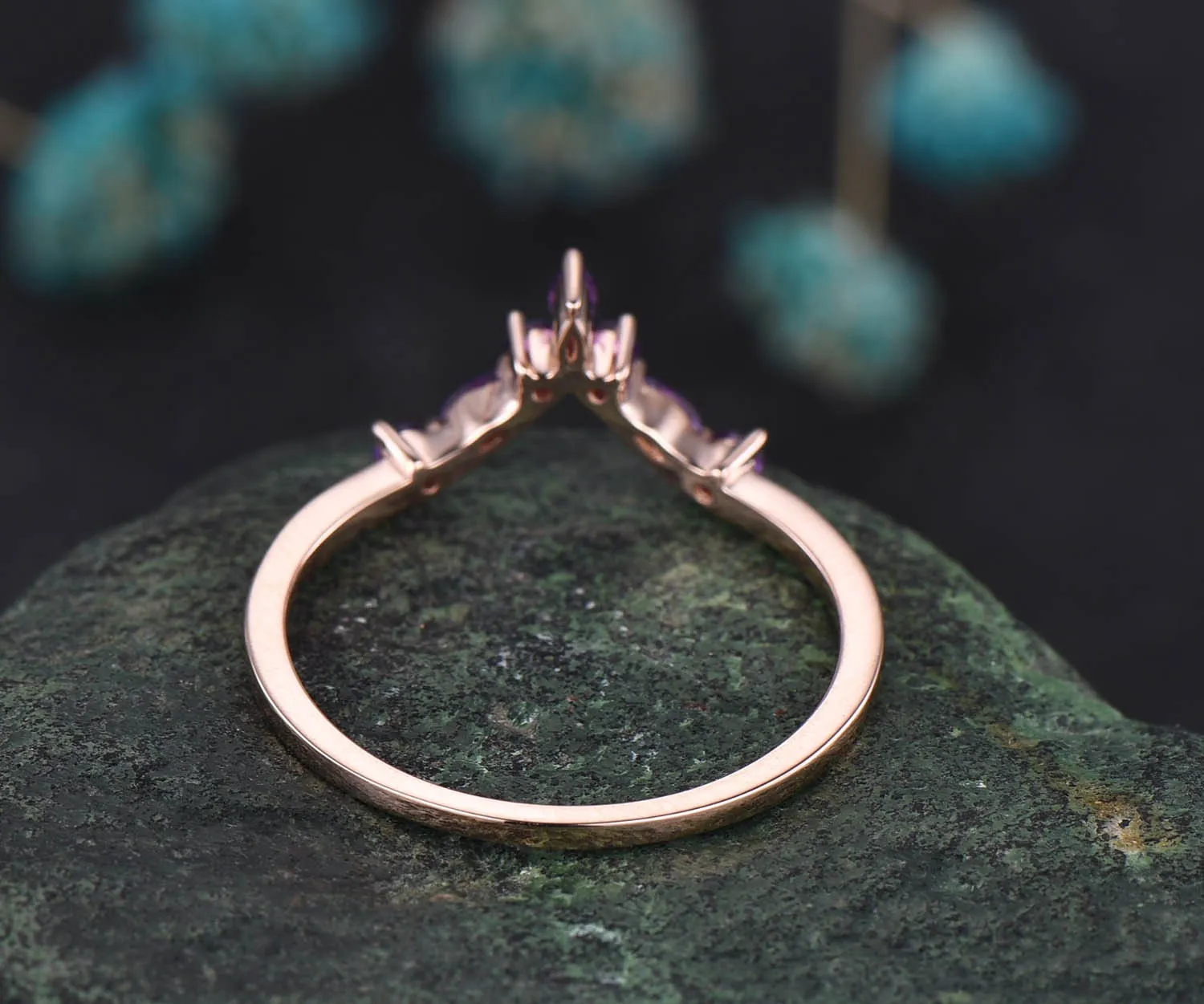 Curved V shaped wedding band marquise amethyst wedding ring unique amethyst wedding band solid 14k rose gold ring anniversary ring gift sold by Willwork Jewelry product image thumbnail 5