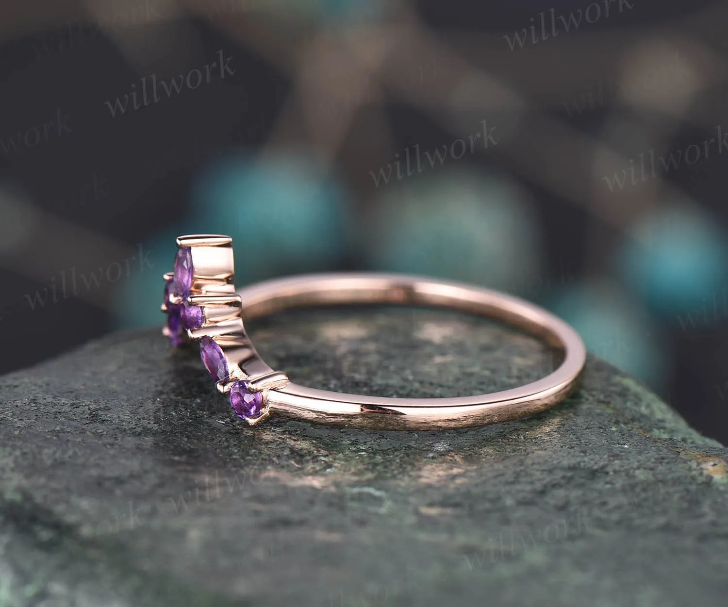 Curved V shaped wedding band marquise amethyst wedding ring unique amethyst wedding band solid 14k rose gold ring anniversary ring gift sold by Willwork Jewelry product image thumbnail 4