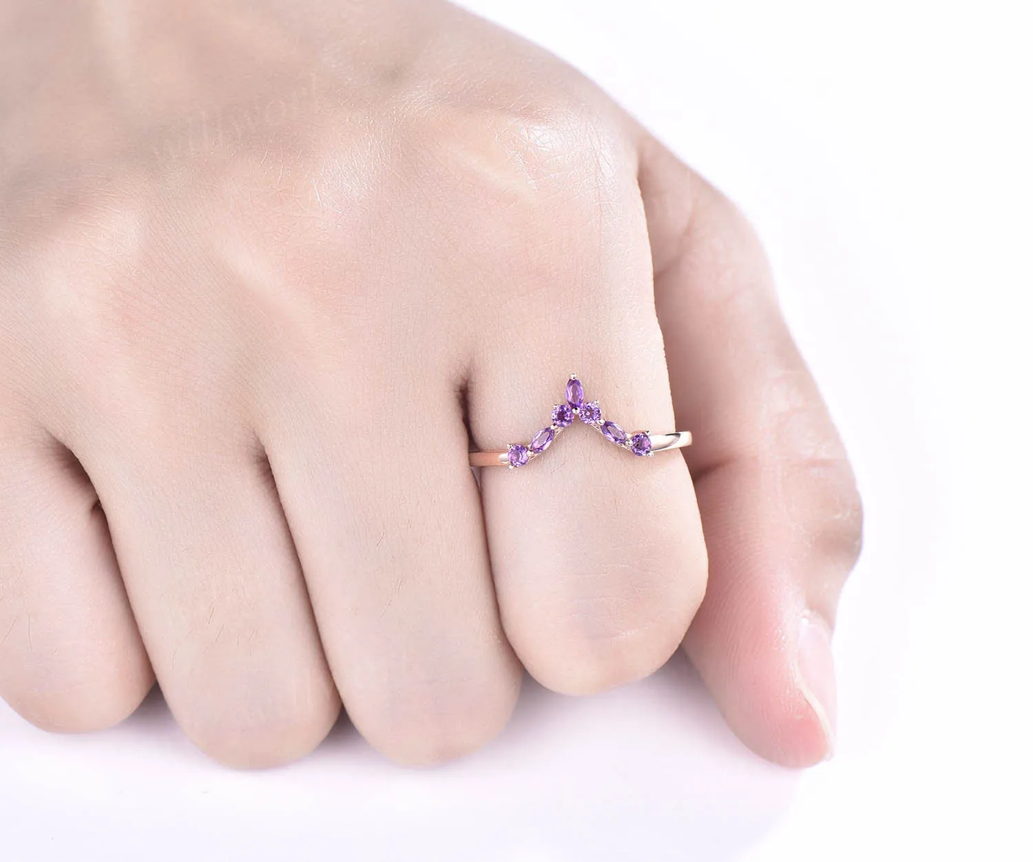 Curved V shaped wedding band marquise amethyst wedding ring unique amethyst wedding band solid 14k rose gold ring anniversary ring gift sold by Willwork Jewelry product image thumbnail 2