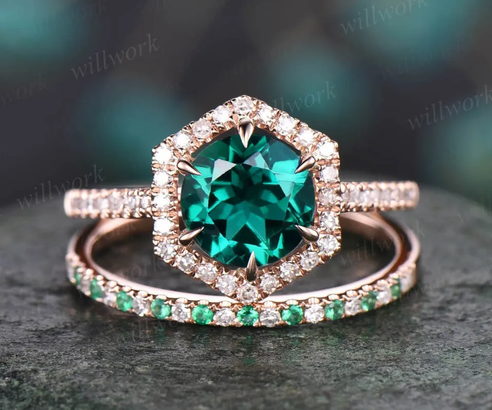 Hexagon halo diamond ring set round shaped emerald engagement ring set rose gold ring for women natural emerald wedding ring band bridal set sold by Willwork Jewelry