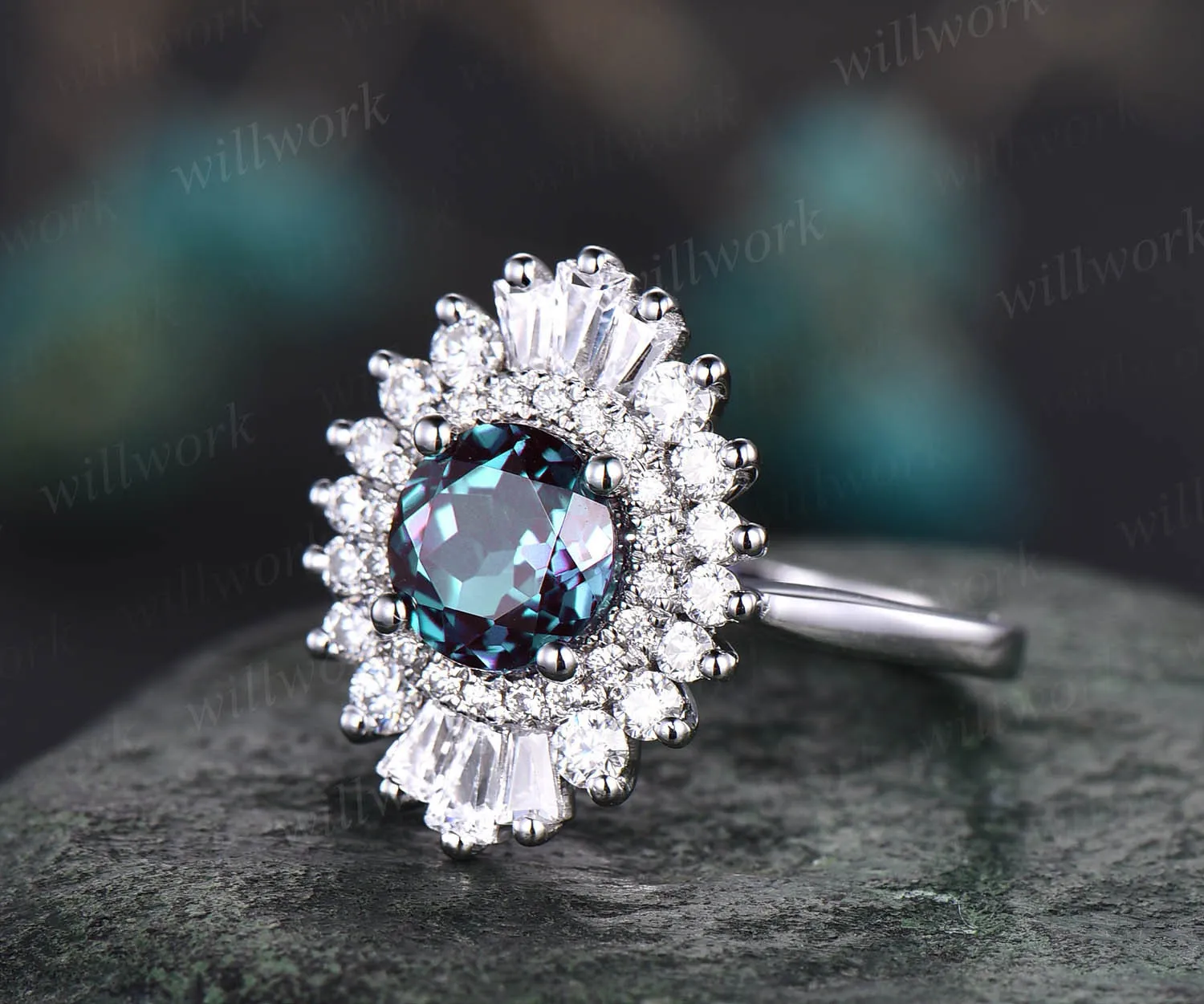 Unique vintage engagement ring round color change Alexandrite engagement ring 14k rose gold June birthstone ring moissanite CZ halo ring sold by Willwork Jewelry product image thumbnail 4