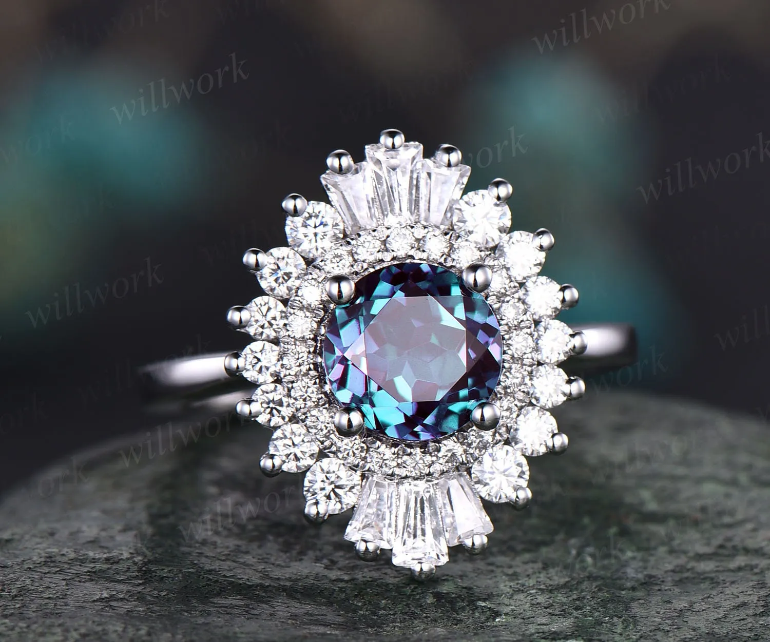 Unique vintage engagement ring round color change Alexandrite engagement ring 14k rose gold June birthstone ring moissanite CZ halo ring sold by Willwork Jewelry product image thumbnail 3