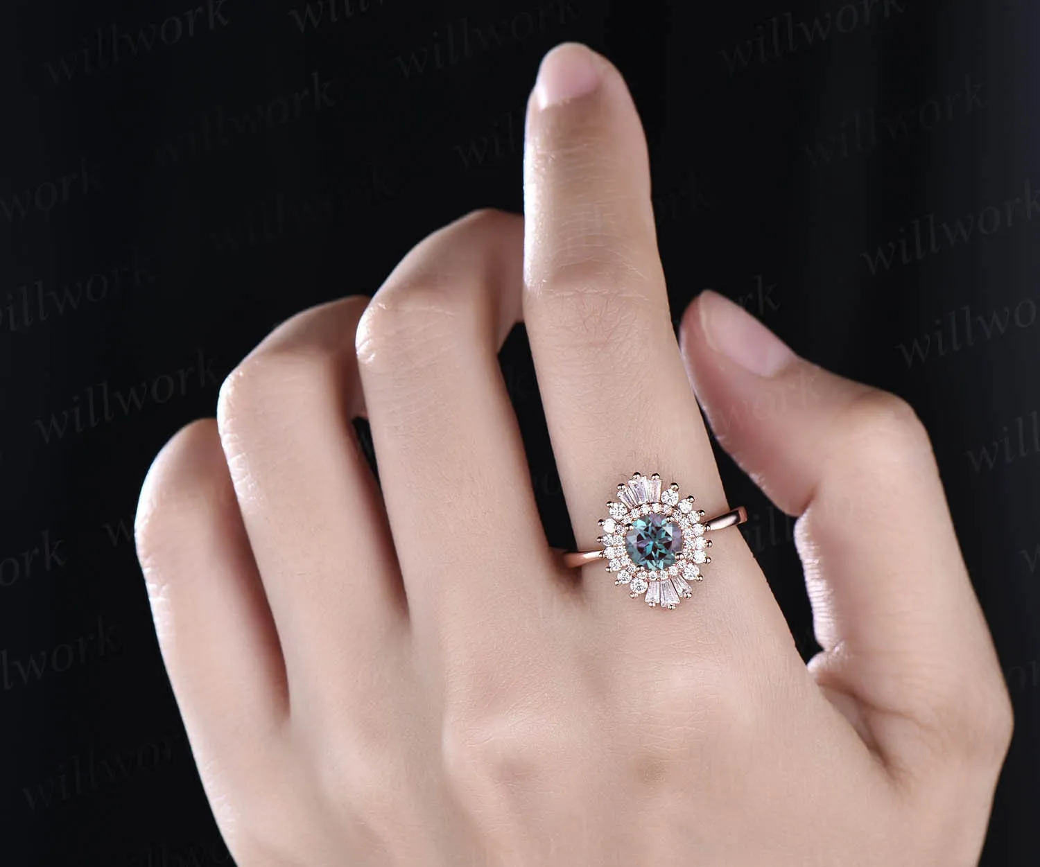 Unique vintage engagement ring round color change Alexandrite engagement ring 14k rose gold June birthstone ring moissanite CZ halo ring sold by Willwork Jewelry product image thumbnail 2