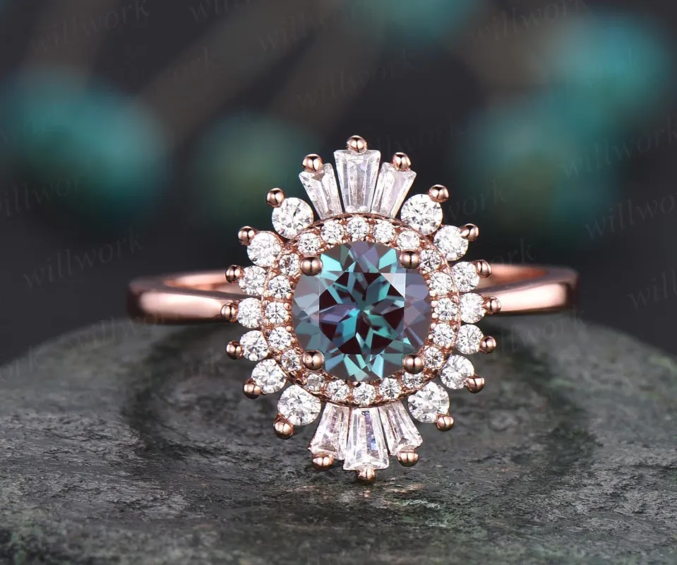 Unique vintage engagement ring round color change Alexandrite engagement ring 14k rose gold June birthstone ring moissanite CZ halo ring sold by Willwork Jewelry