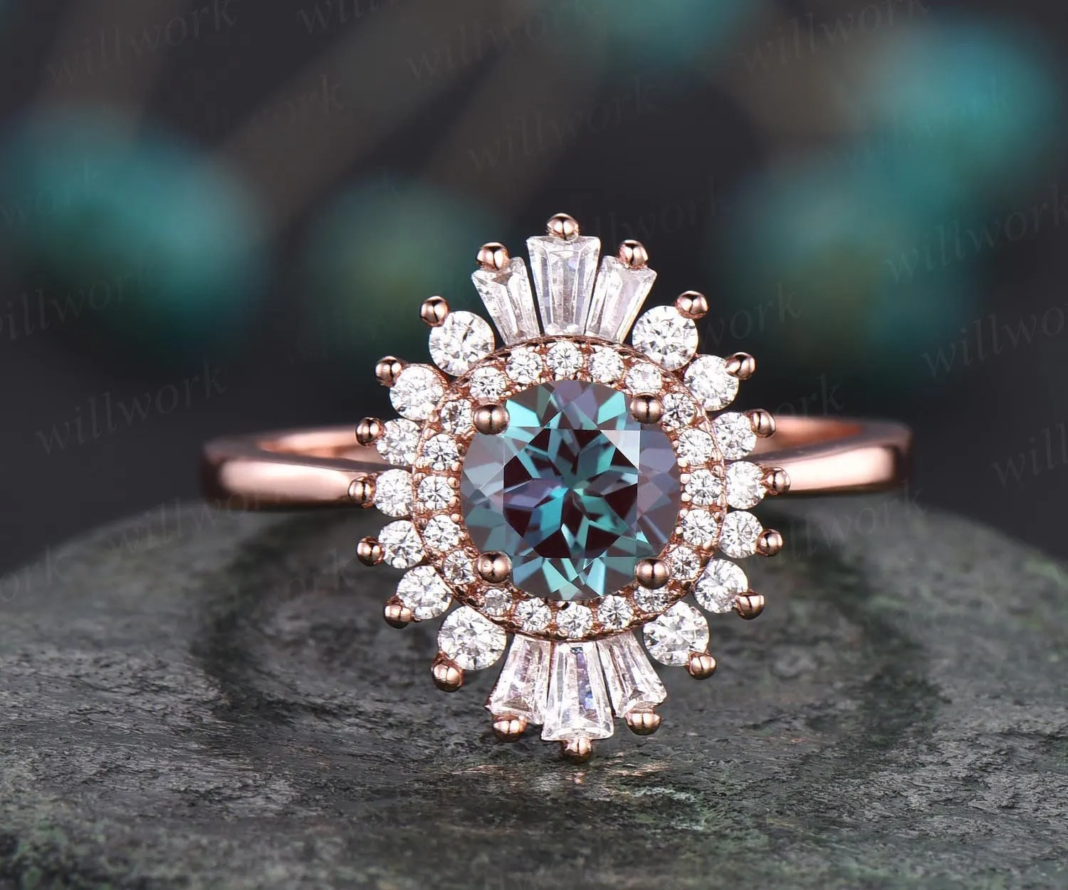 Unique vintage engagement ring round color change Alexandrite engagement ring 14k rose gold June birthstone ring moissanite CZ halo ring sold by Willwork Jewelry