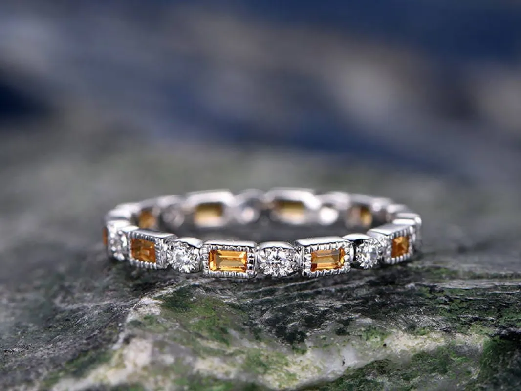 Natural Citrine wedding ring-solid 14k white gold-handmade unique ring-full eternity emerald cut cirtrine Matching band-diamond promise ring sold by Willwork Jewelry