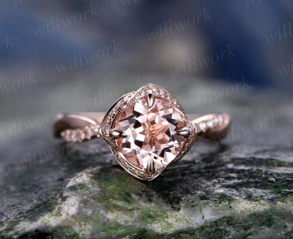 Morganite engagement ring solid 14k rose gold ring unique under halo diamond ring art deco twisted antique flower weddig bridal promise ring made by Willwork Jewelry