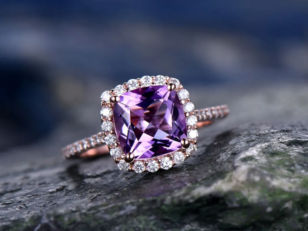 Purple Amethyst engagement ring-Solid 14k rose gold-handmade diamond ring-Halo stacking band-8x8mm Cushion cut gemstone promise ring sold by Willwork Jewelry