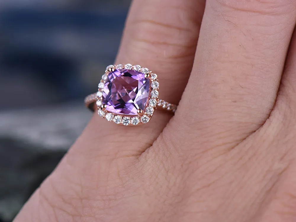 Purple Amethyst engagement ring-Solid 14k rose gold-handmade diamond ring-Halo stacking band-8x8mm Cushion cut gemstone promise ring sold by Willwork Jewelry product image thumbnail 5