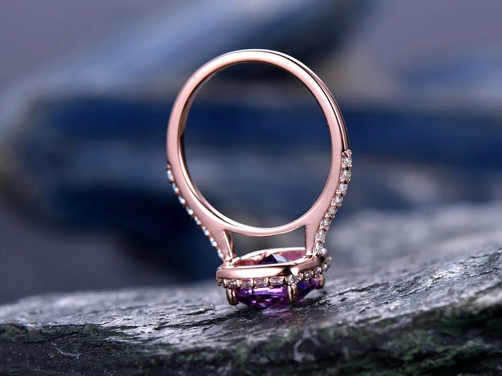 Purple Amethyst engagement ring-Solid 14k rose gold-handmade diamond ring-Halo stacking band-8x8mm Cushion cut gemstone promise ring sold by Willwork Jewelry product image thumbnail 4