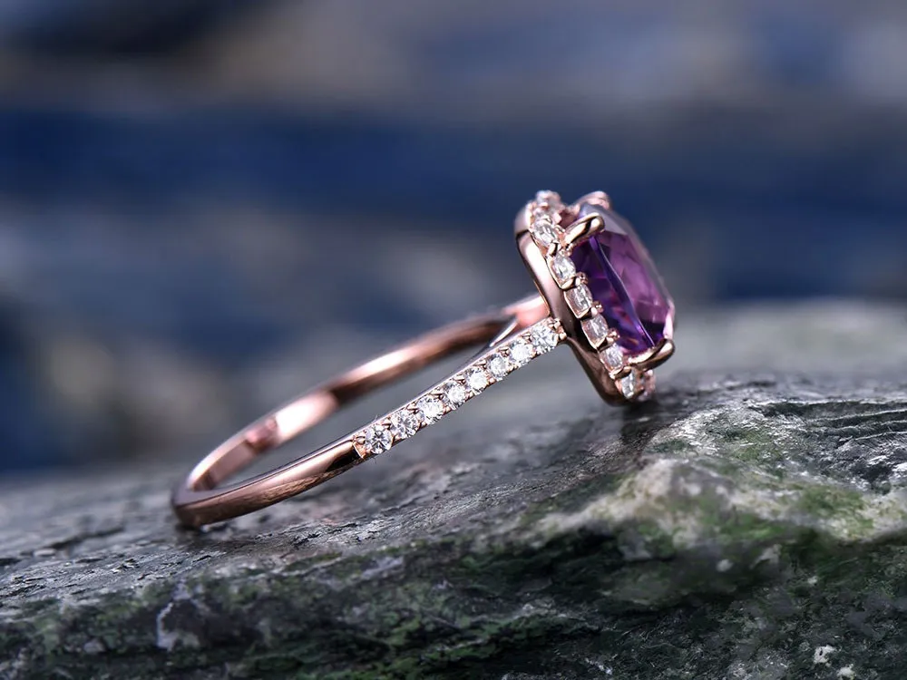 Purple Amethyst engagement ring-Solid 14k rose gold-handmade diamond ring-Halo stacking band-8x8mm Cushion cut gemstone promise ring sold by Willwork Jewelry product image thumbnail 3