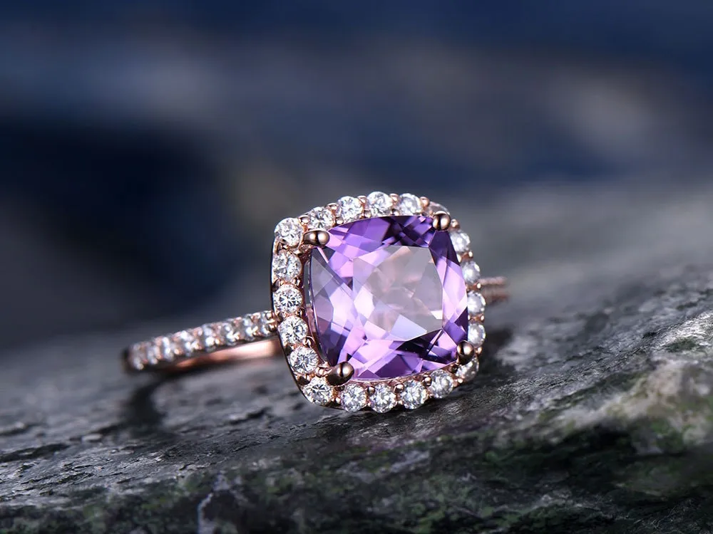 Purple Amethyst engagement ring-Solid 14k rose gold-handmade diamond ring-Halo stacking band-8x8mm Cushion cut gemstone promise ring sold by Willwork Jewelry product image thumbnail 2
