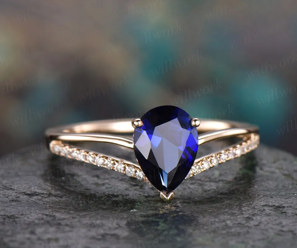 Pear blue sapphire engagement ring solid 14k yellow gold ring split shank diamond ring 6x8mm sapphire ring vintage gold women wedding ring sold by Willwork Jewelry
