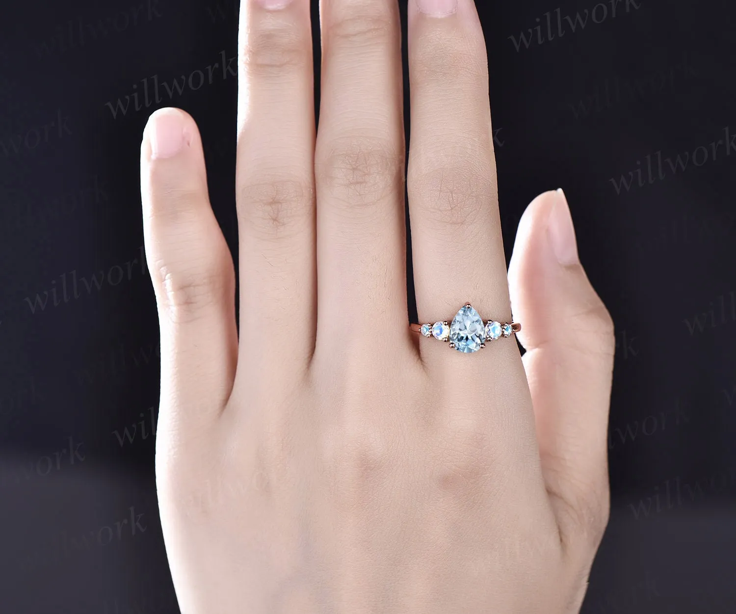 Aquamarine ring minimalist vintage pear aquamarine engagement ring five stone moonstone ring for women rose gold sterling silver bridal ring sold by Willwork Jewelry product image thumbnail 2