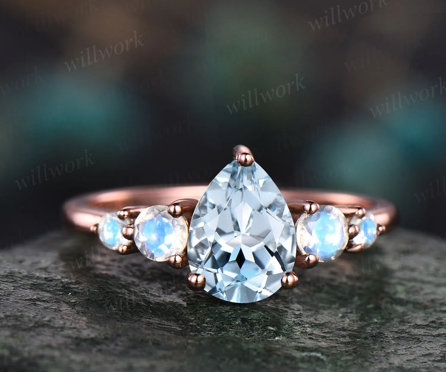 Aquamarine ring minimalist vintage pear aquamarine engagement ring five stone moonstone ring for women rose gold sterling silver bridal ring sold by Willwork Jewelry product image thumbnail 3