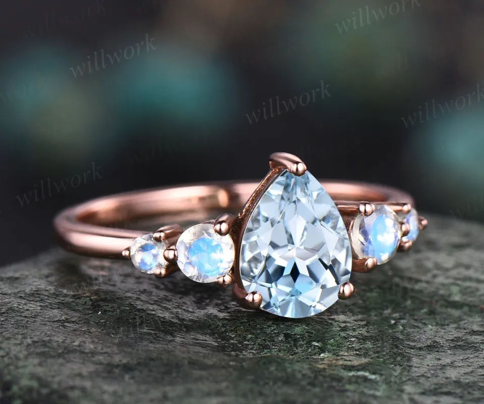 Aquamarine ring minimalist vintage pear aquamarine engagement ring five stone moonstone ring for women rose gold sterling silver bridal ring sold by Willwork Jewelry