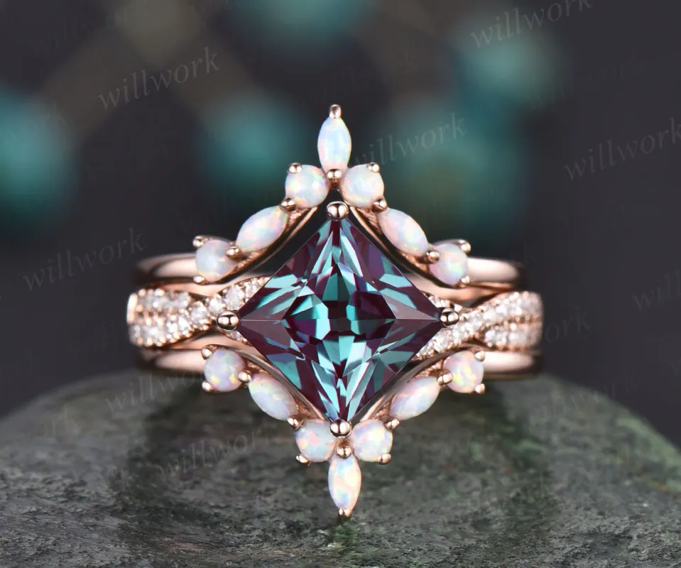 Princess cut Alexandrite engagement ring set vintage marquise opal ring set twisted moissanite ring set promise ring set rose gold ring set sold by Willwork Jewelry