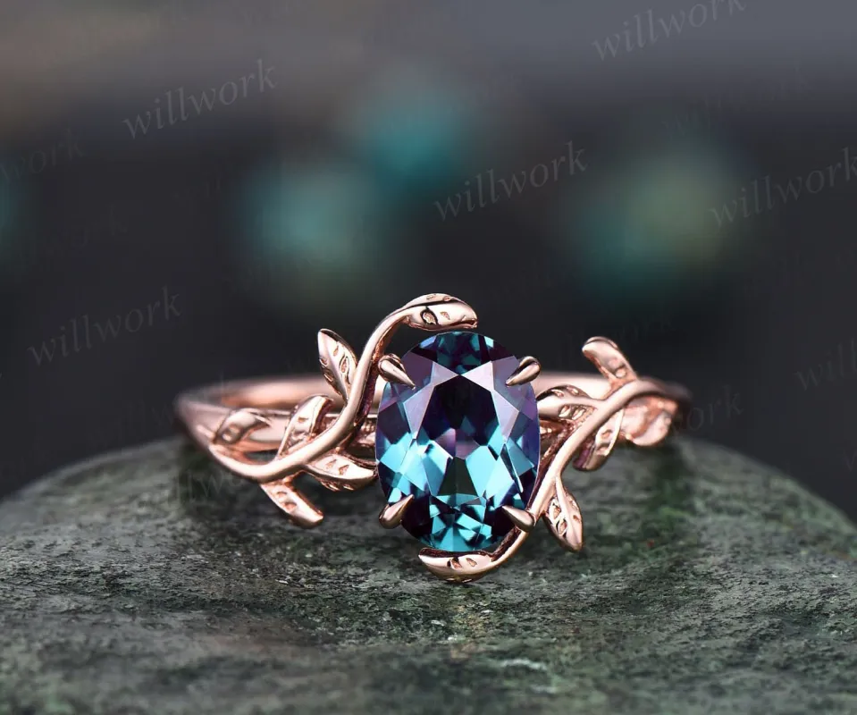 Vintage Alexandrite engagement ring leaf flower 14k rose gold ring oval cut color change Alexandrite ring for women sterling silver jewelry sold by Willwork Jewelry
