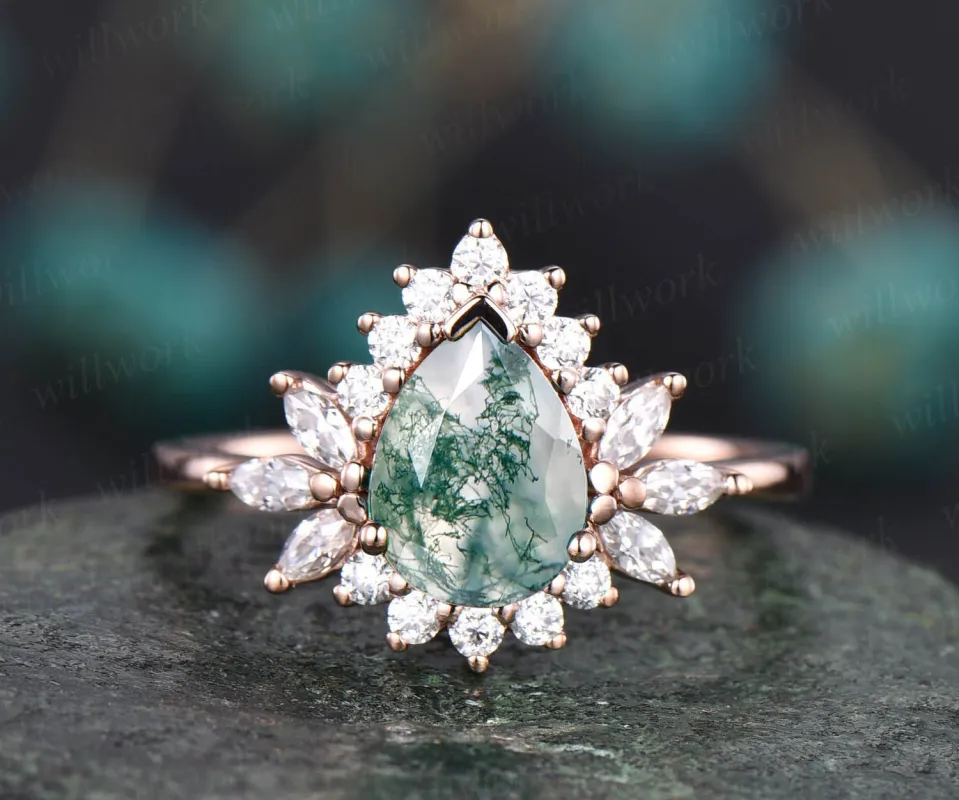 Pear moss agate bridal ring vintage moss agate engagement ring halo ring marquise moissanite ring rose gold ring wedding anniversary gift sold by Willwork Jewelry